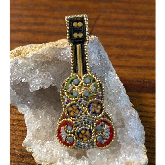 Unbranded Jewelry - Vintage Italian Micro Mosaic Guitar Brooch Pin Gold/Red One Size